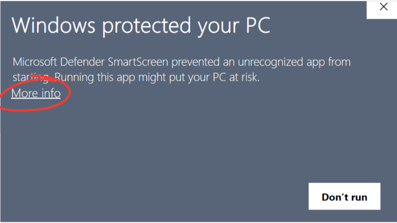 Windows SmartScreen warning showing More Info link